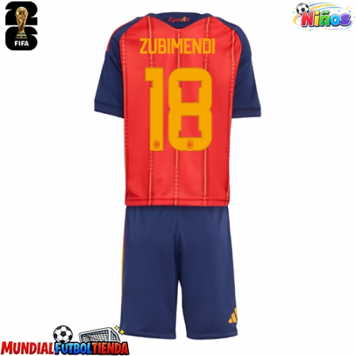 Camiseta España Martin Zubimendi #18 Primera Equipación Replica Mundial 2026 para niños mangas cortas (+ Pantalones cortos)